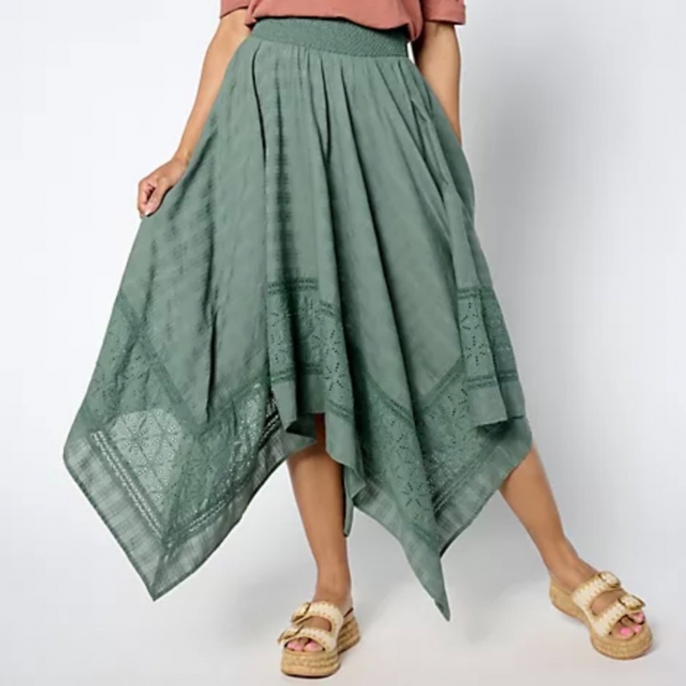 Destination 365 Regular Handkerchief Hem Embroidered Midi Skirt Spruce SZ XL